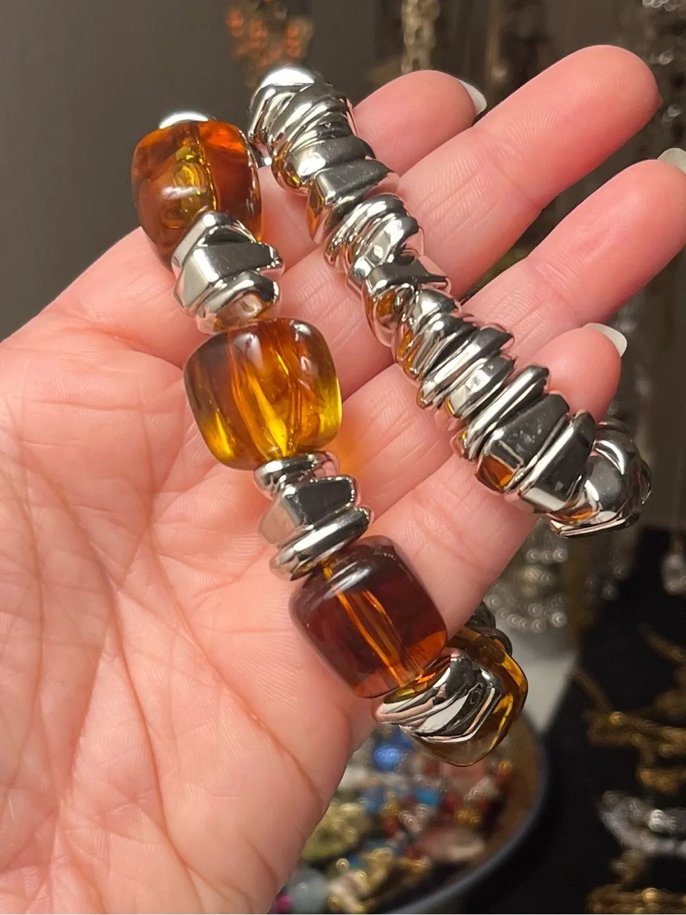 Chunky Silver-Tone & Amber Statement Bracelet Set